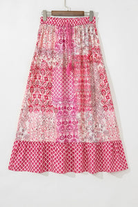 Printed Tassel Drawstring High Waist Maxi Skirt