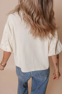 AMERICA EST 1776 Embroidered Pearl Beaded Sleeve T Shirt - Store 42