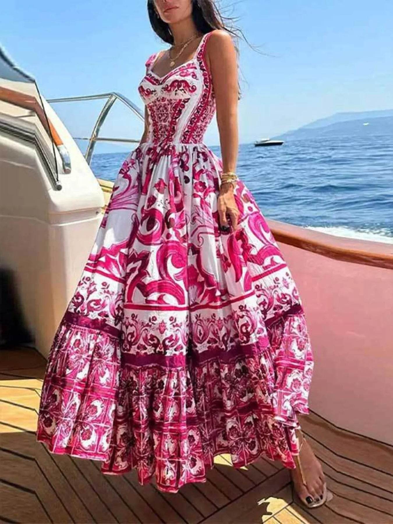 Full Size Printed Sweetheart Neck Maxi Cami Dress Plus Size - Store 42