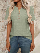 Stylish Eyelet Notched Top with Decorative Buttons - Short Sleeve & Slightly Stretchy, Opaque Fabric - Store 42