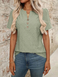 Stylish Eyelet Notched Top with Decorative Buttons - Short Sleeve & Slightly Stretchy, Opaque Fabric - Store 42