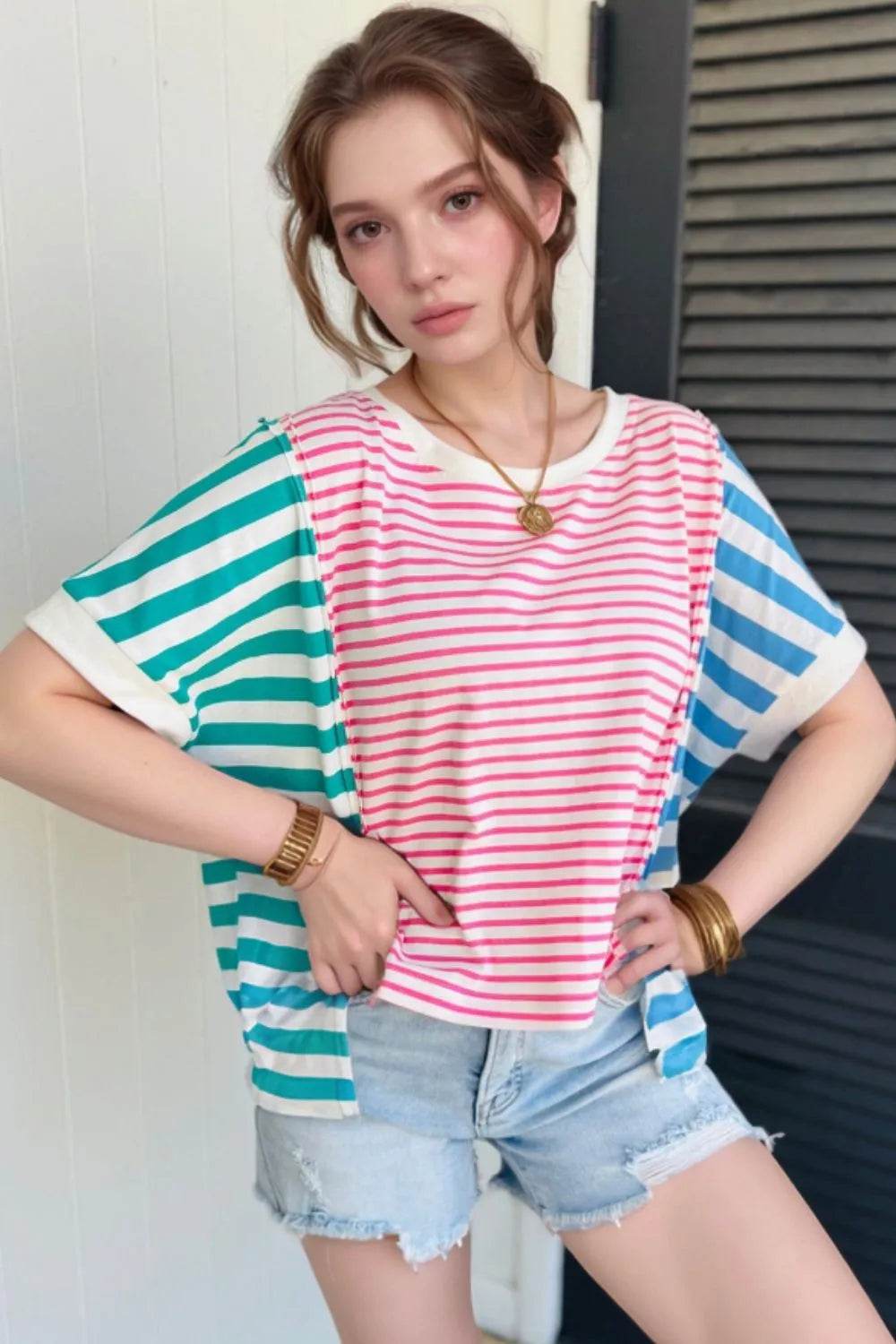 Trendy Color Block Striped Batwing Sleeve T-Shirt in Soft Cotton Blend - Slightly Stretchy Fit