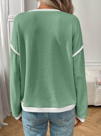 Slightly Stretchy Ribbed Long Sleeve Top with Contrast Trim - Elegant Basic Style - Store 42