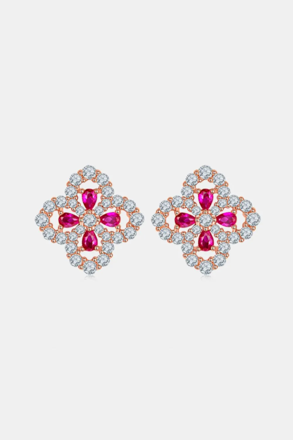 925 Sterling Silver Lab-Grown Ruby Flower Shape Stud Earrings