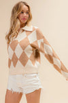 BiBi Diamond Pattern Collared Notch Neck Sweater OATMEAL LATTE