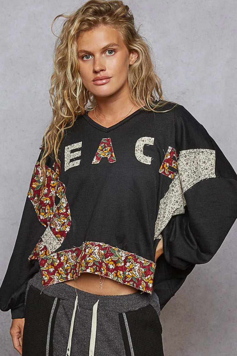 Trendy POL Floral Peace Patch Long Sleeve Hoodie in Oversized V-Neck Style