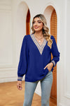 Stylish Contrast Puff Sleeve Blouse - Opaque, Slightly Stretchy, 100% Polyester - Store 42
