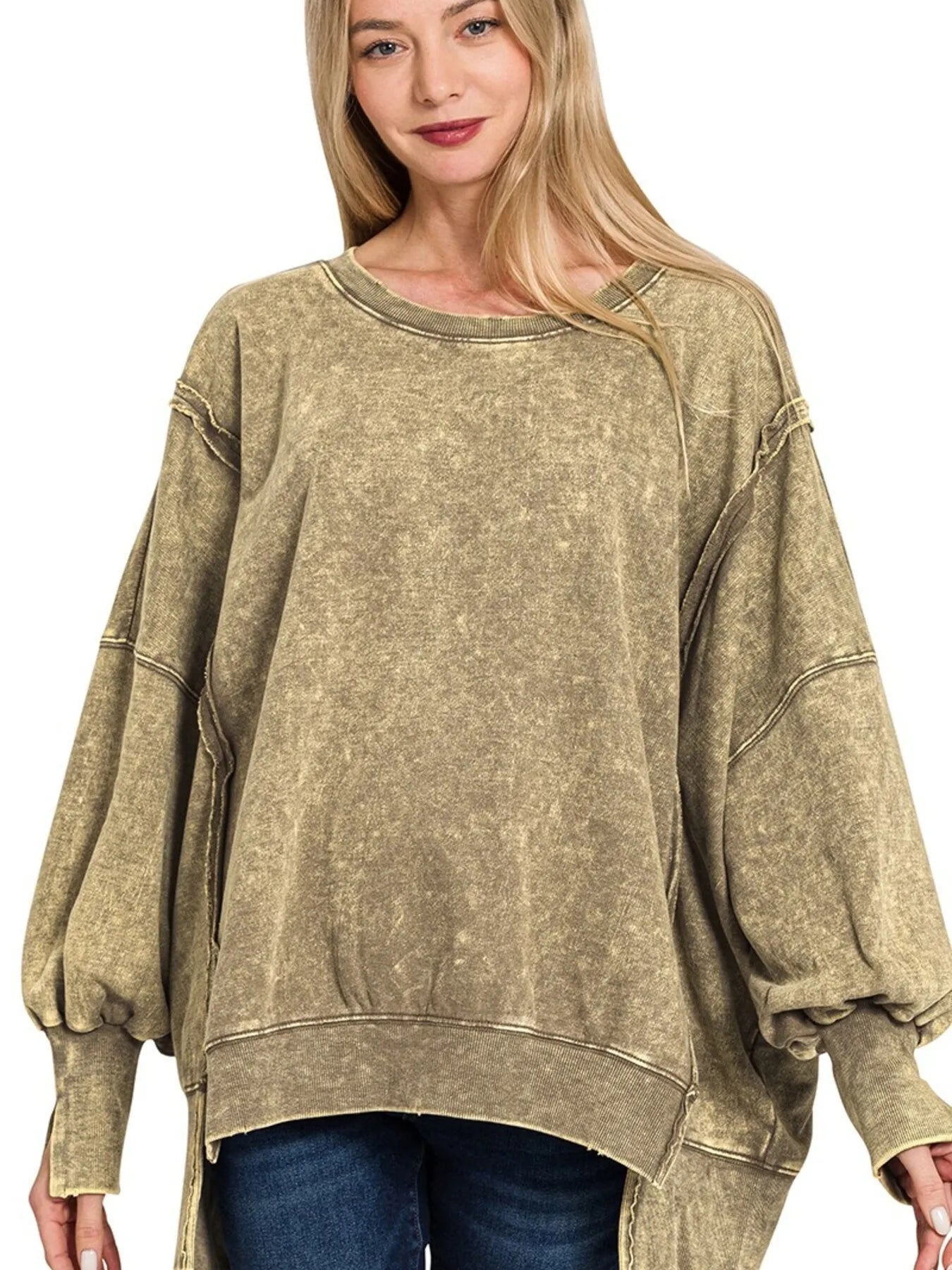 Trendy Zenana Acid Wash High Low Sweatshirt With Exposed Seams - 100% Cotton Casual Style