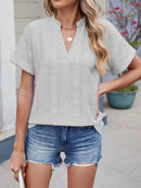 Trendy Eyelet Notched Short Sleeve Top in 65% Rayon - Stylish & Versatile Women's Wear - Store 42