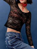 Lace Sheer Long Sleeve T-Shirt for Women - Slightly Stretchy 100% Polyester - Store 42