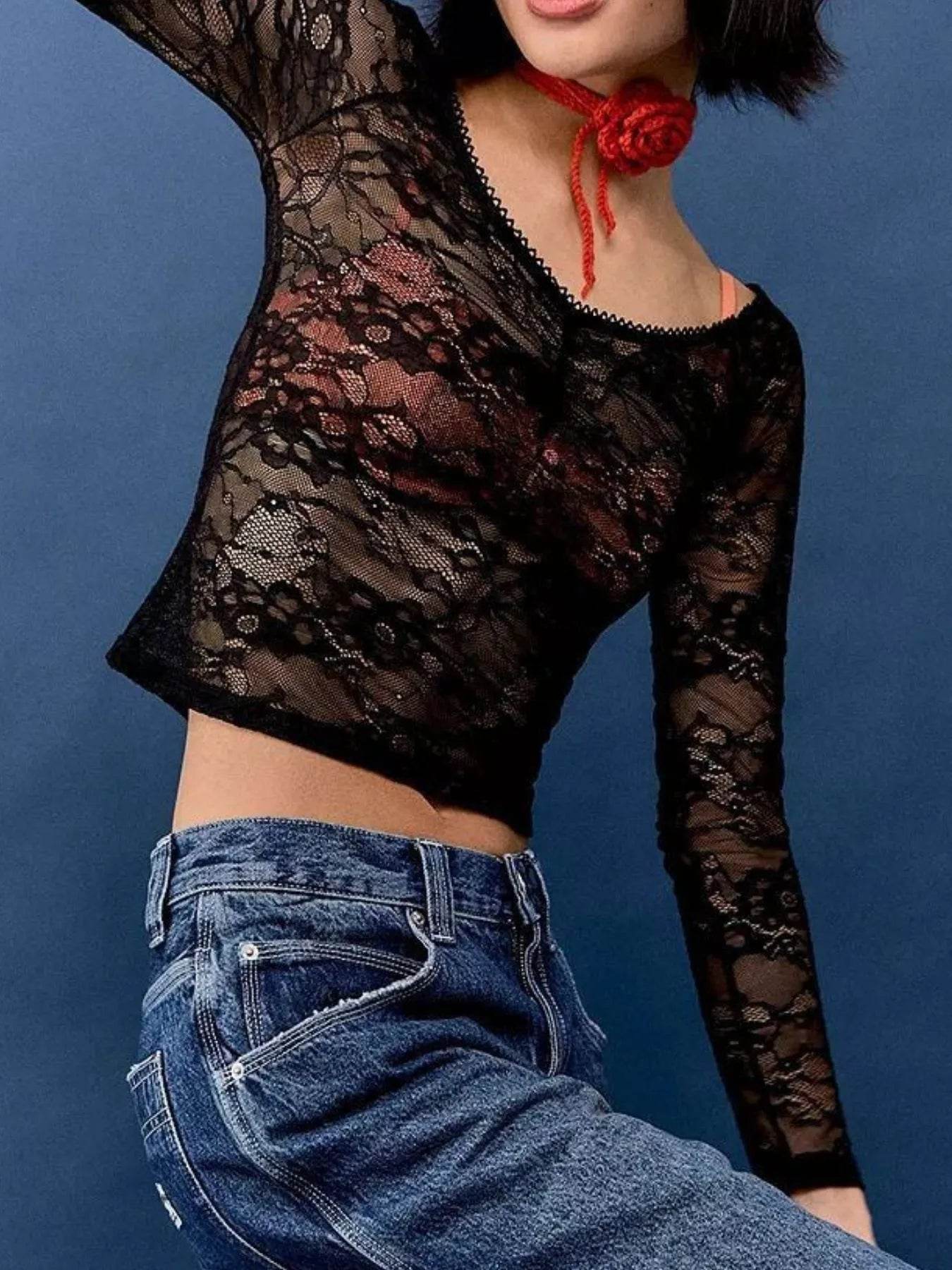 Lace Sheer Long Sleeve T-Shirt for Women - Slightly Stretchy 100% Polyester - Store 42
