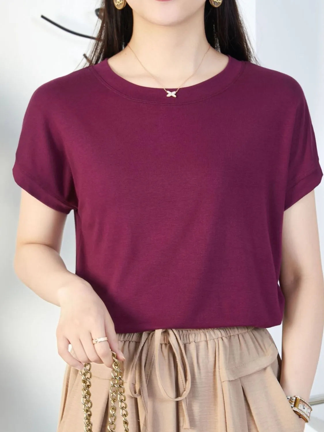 Round Neck Short Sleeve T-Shirt Brown