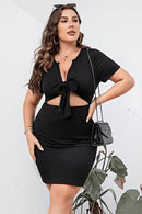 Trendy Plus Size Mini Dress with Cutout Design, Tie Front, and Short Sleeves - Classy & Chic - Store 42