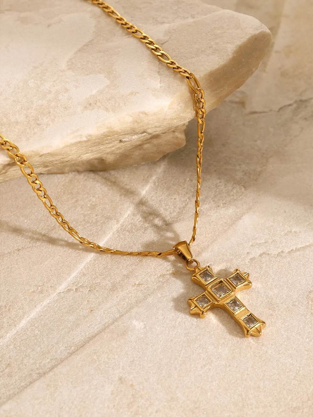 18K Gold-Plated Stainless Steel Zircon Cross Pendant Necklace - Elegant Christian Jewelry - Store 42