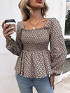 Chic Honey Printed Square Neck Long Sleeve Blouse with Smocked Puff Sleeves - Store 42