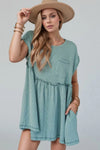 Frill Round Neck Cap Sleeve Mini Dress Teal