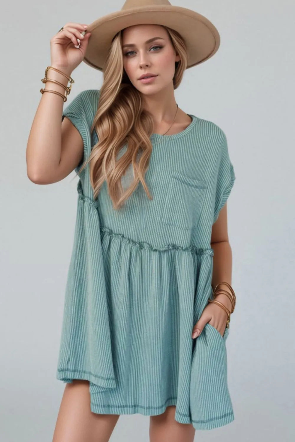 Frill Round Neck Cap Sleeve Mini Dress with Pockets - Slightly Stretchy & Comfortable Fabric