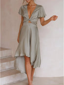 High-Low Plunge Flutter Sleeve Dress Sage