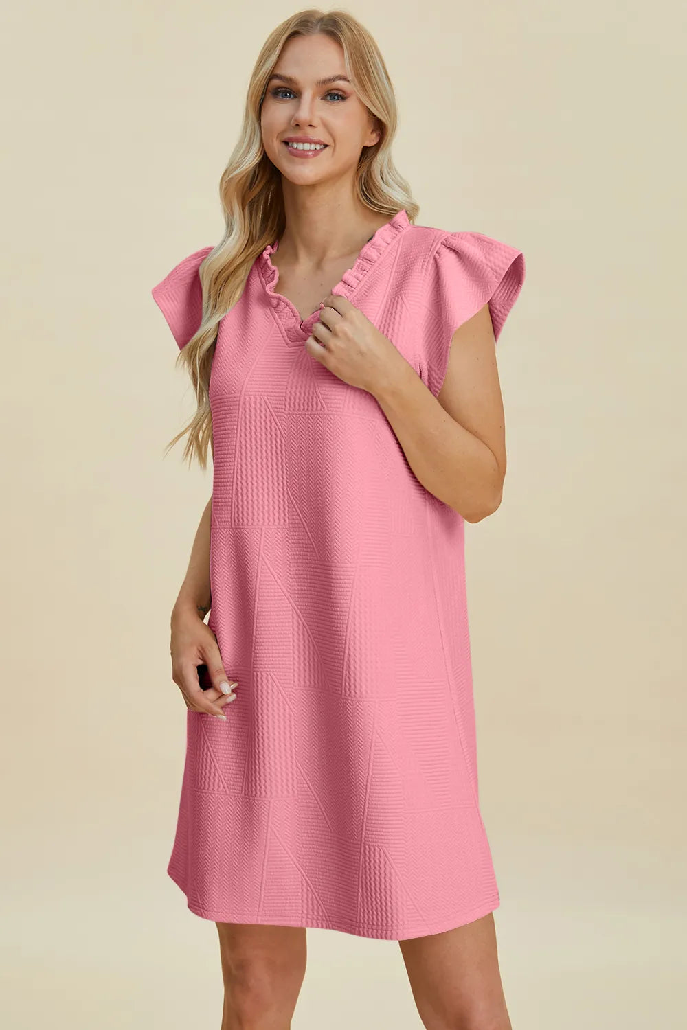 Double Take Full Size Ruffled V-Neck Cap Sleeve Dress Blush Pink