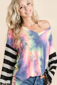 BiBi Tie Dye V Neck Top With Stripe Puff Sleeves - Trendy Colorful Casual Wear - Store 42