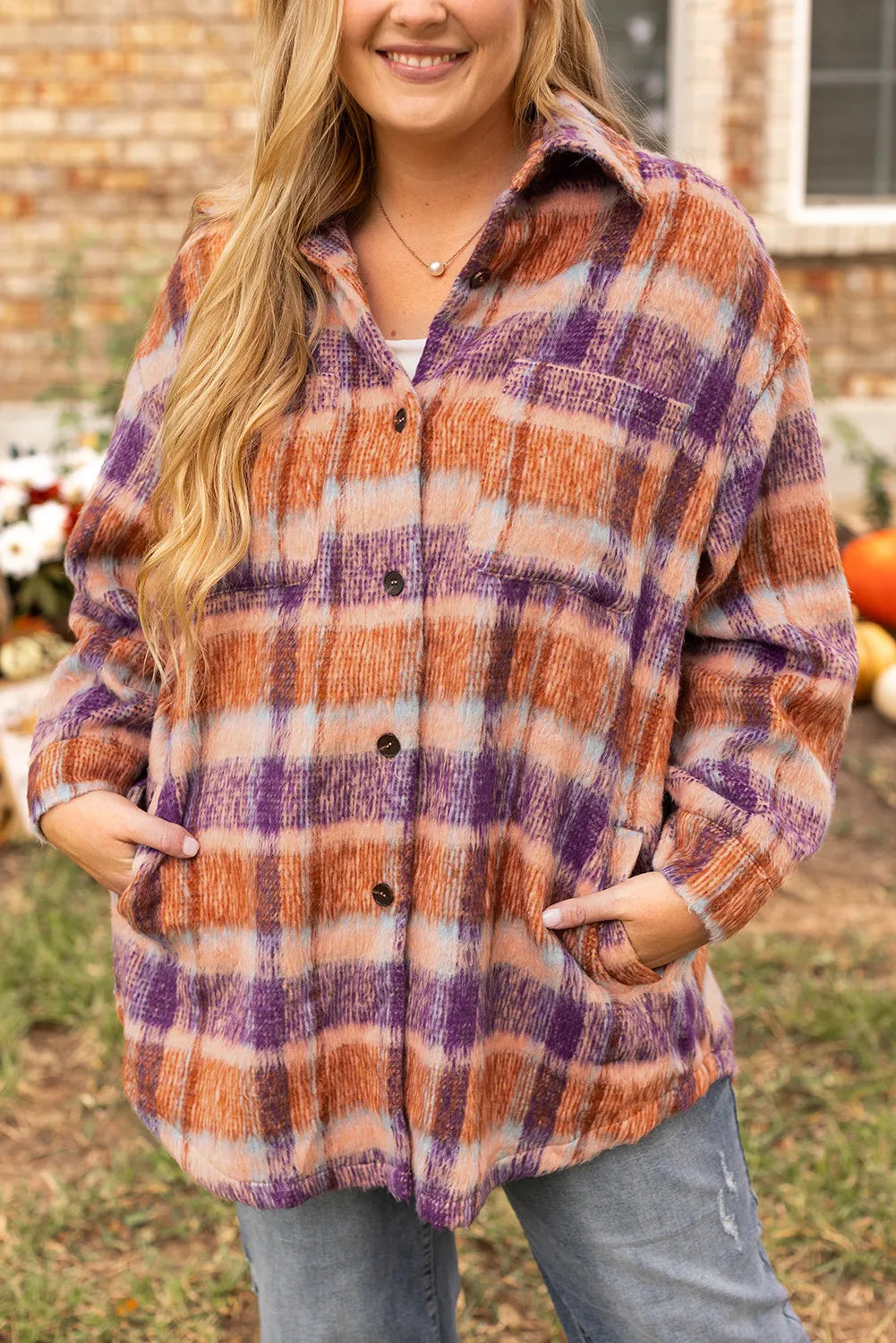 Plus Size Plaid Long Sleeve Jacket with Collared Neck and Pockets - Trendsi