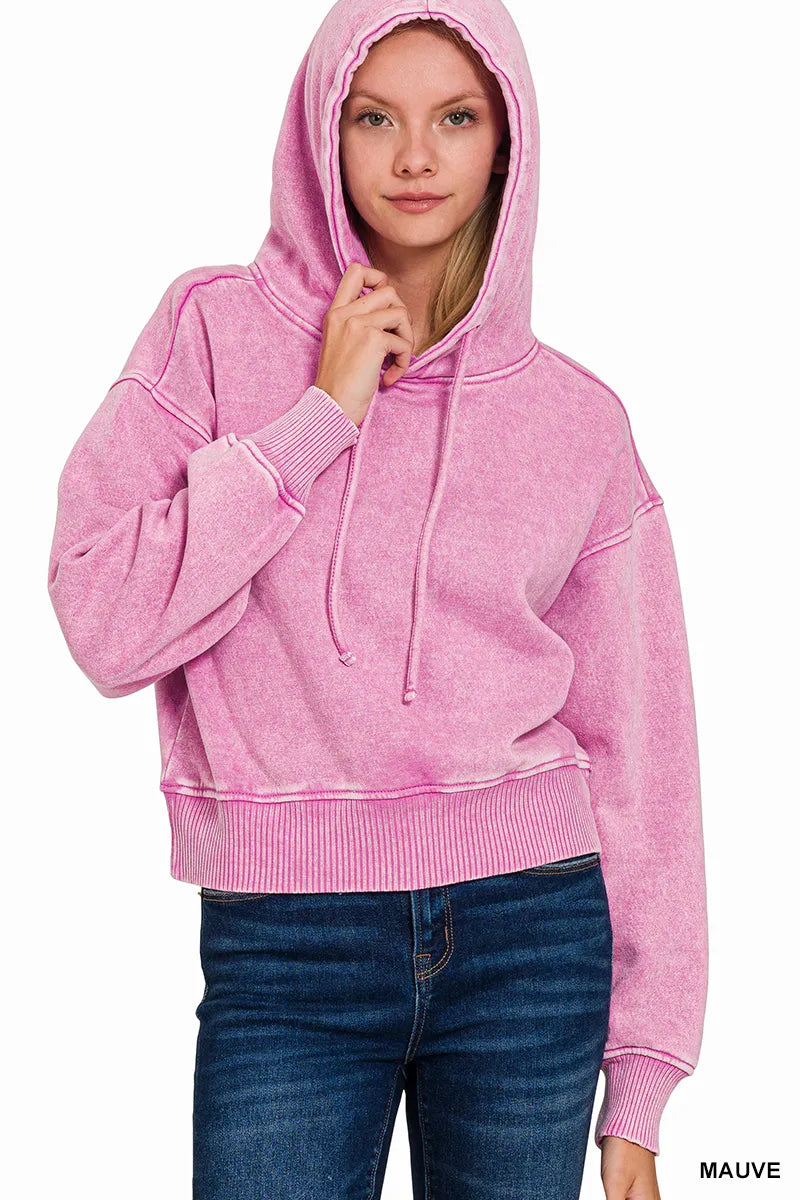 Trendy Zenana Acid Wash Fleece Cropped Hoodie with Drawstring - Comfortable & Stylish
