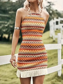 Fringe Grecian Neck Mini Dress Sherbet XL