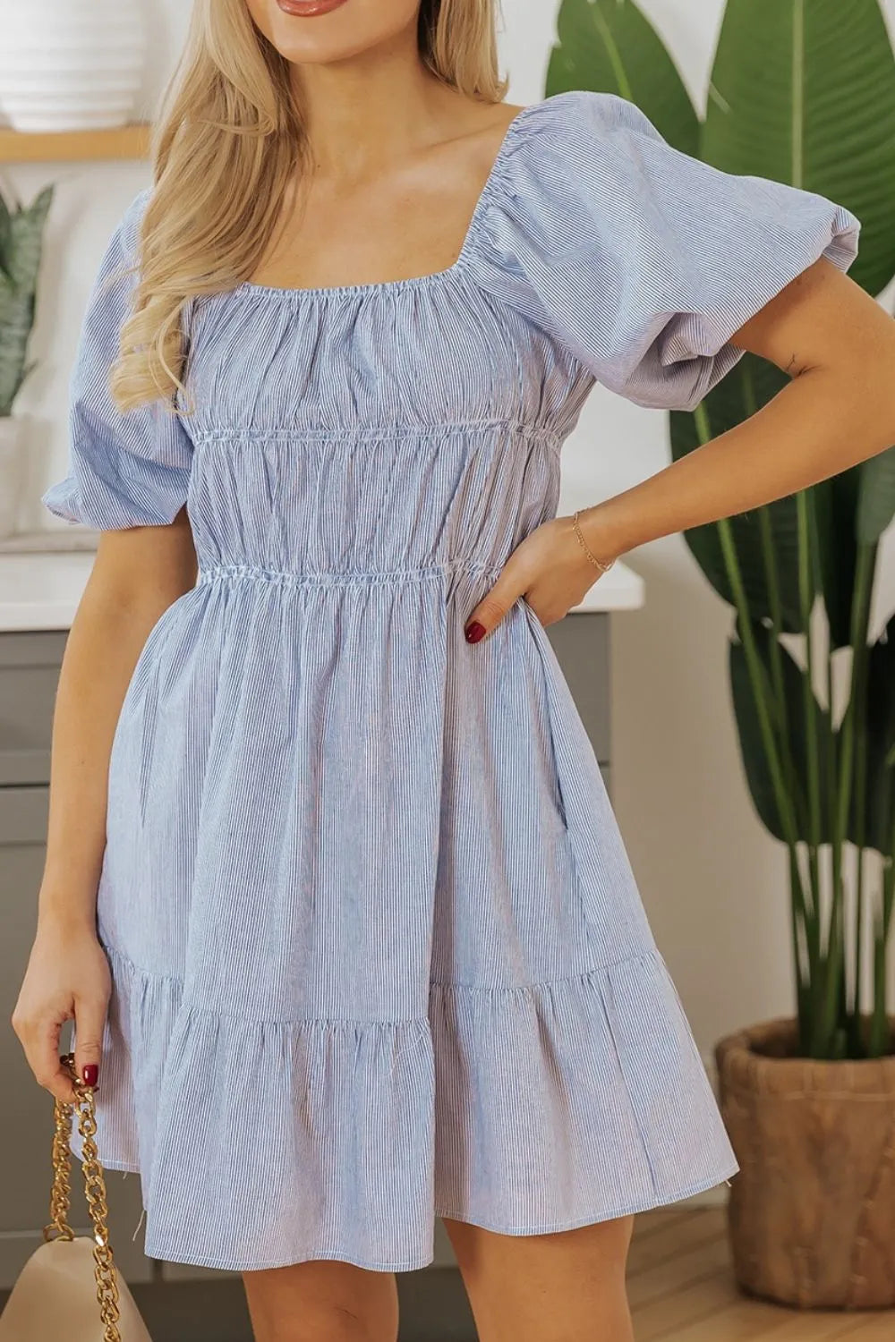 Striped Bubble Sleeve Ruched Babydoll Dress