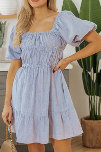 Striped Bubble Sleeve Ruched Babydoll Dress Light Blue