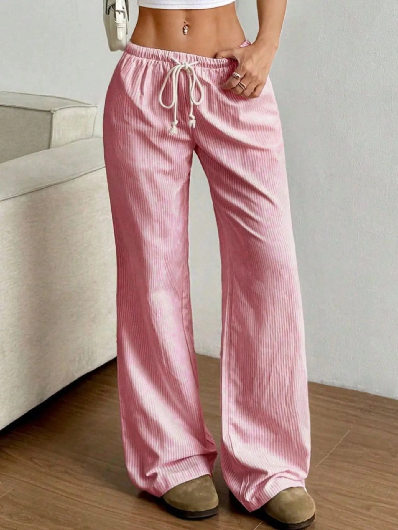 Drawstring Striped Wide Leg Pants