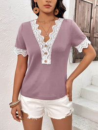 Ivy Lane Decorative Button Spliced Lace Short Sleeve Top - Store 42