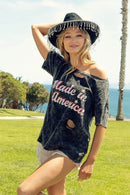 Trendy Laser Cut Mineral Washed Top with America Print - 100% Cotton Patriotic Style - Store 42
