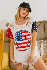 BiBi Fourth Of July Top With Laser Cut And Smile Face - Store 42