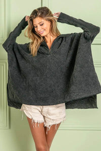 BiBi Vintage Washed Oversized Quilted Half Zip Sweatshirt with Fleece Lining and Ribbed Cuffs - Store 42