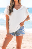 Lace Crochet Button Back V-Neck T-Shirt - Semi-Sheer 100% Cotton Top for Stylish Comfort - Store 42