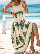 Smocked Printed Wide Strap Maxi Dress