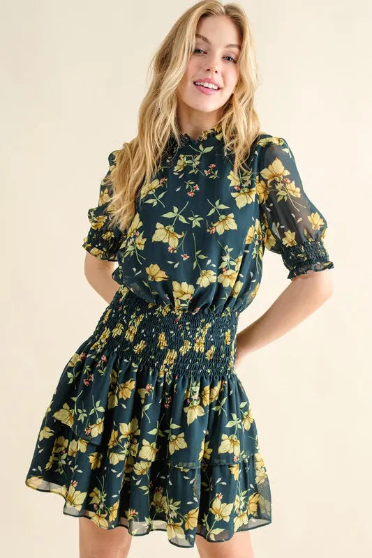 Floral Print Smocked Waist Mini Dress - Cute Summer Essential with Comfortable Fit