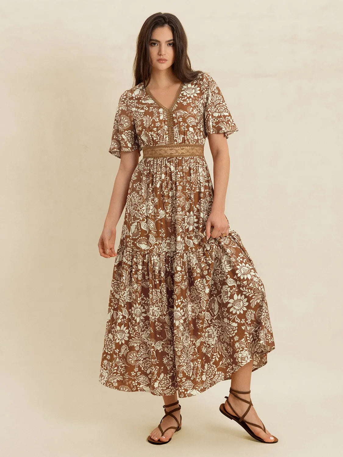 Elegant Lace Detail Midi Dress with Unique Print - Short Sleeve & Non-Stretch Viscose