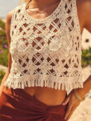 Cutout Round Neck Tank Tan One Size