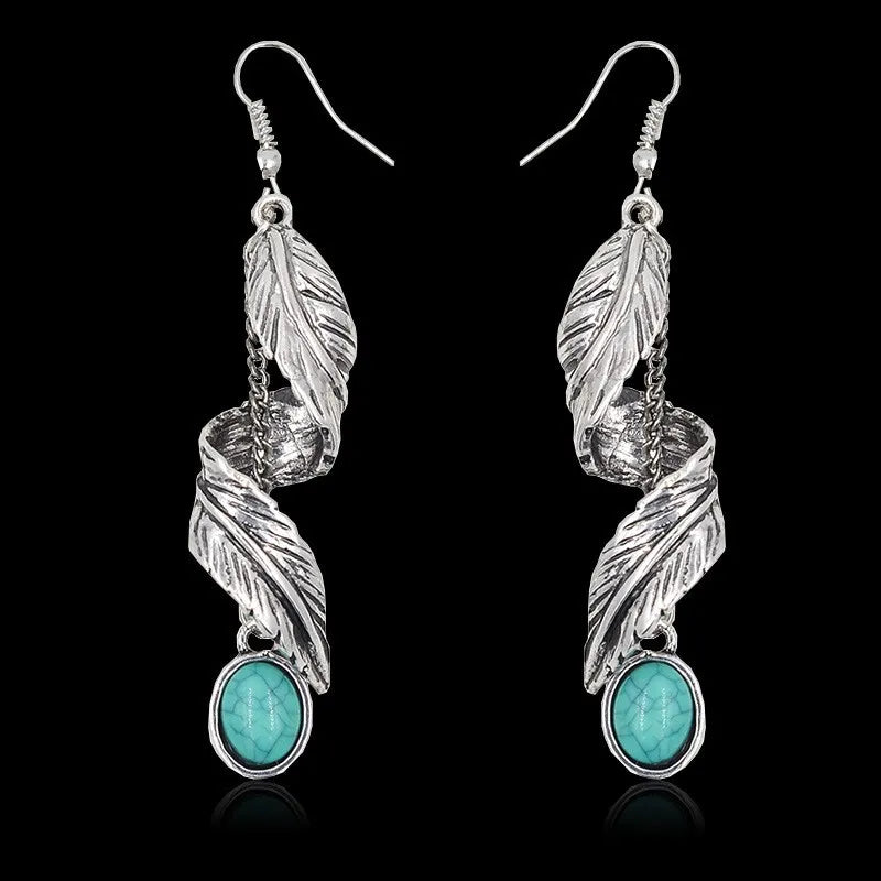 Turquoise Alloy Leaf Earrings - 9K Gold-Plated, Elegant Artificial Jewelry for Women