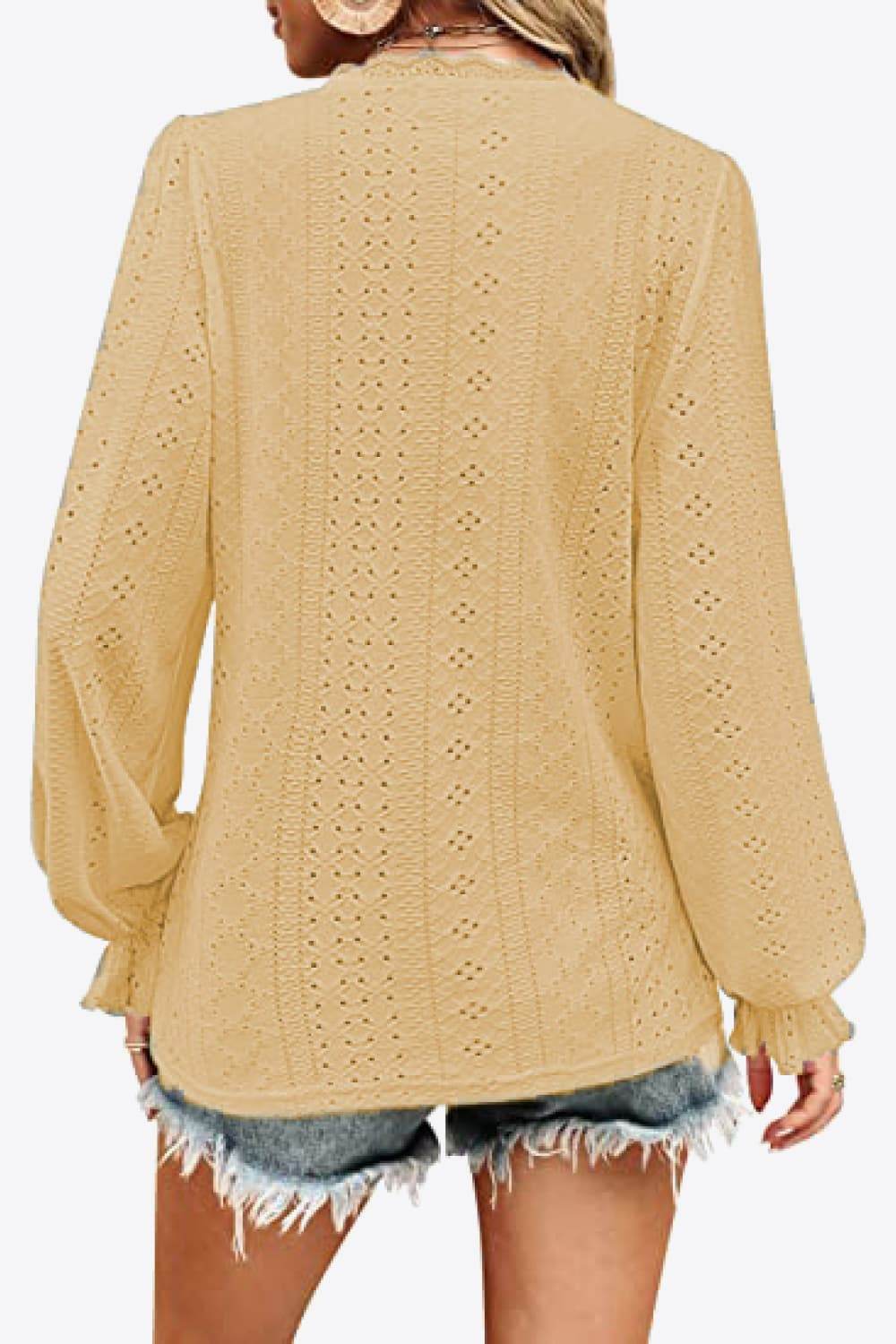 Trendy Eyelet V-Neck Blouse with Flounce Sleeves - Opaque, Highly Stretchy, Lined - 100% Polyester - Store 42