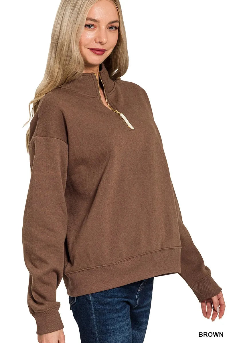 Zenana Oversized Brown Fleece Half Zip Sweatshirt with Gold Zipper and Ribbed Cuffs
