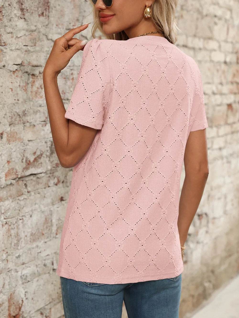 Stylish Eyelet Notched Top with Decorative Buttons - Short Sleeve & Slightly Stretchy, Opaque Fabric - Store 42