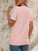 Stylish Eyelet Notched Top with Decorative Buttons - Short Sleeve & Slightly Stretchy, Opaque Fabric - Store 42