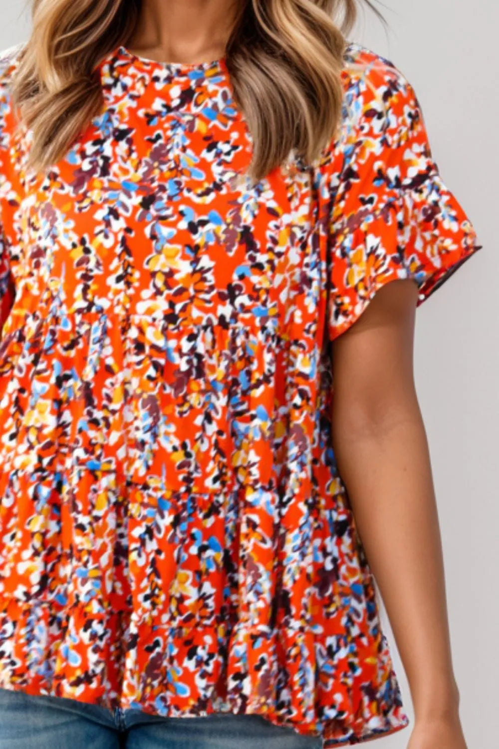 Stylish Plus Size Floral Tiered Blouse with Round Neck - 100% Polyester, Opaque, Machine Washable