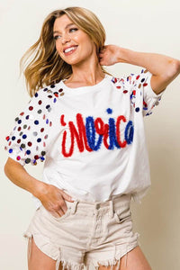 BiBi Metallic Letter Spangle Raglan Puff Sleeve Top - Store 42