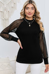 Round Neck Semi-Sheer Sleeve Blouse Black