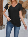 Eyelet Lace Detail V-Neck Top - Semi-Sheer, Slightly Stretchy, 100% Polyester Short Sleeve Blouse - Store 42