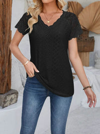 Eyelet Lace Detail V-Neck Top - Semi-Sheer, Slightly Stretchy, 100% Polyester Short Sleeve Blouse - Store 42