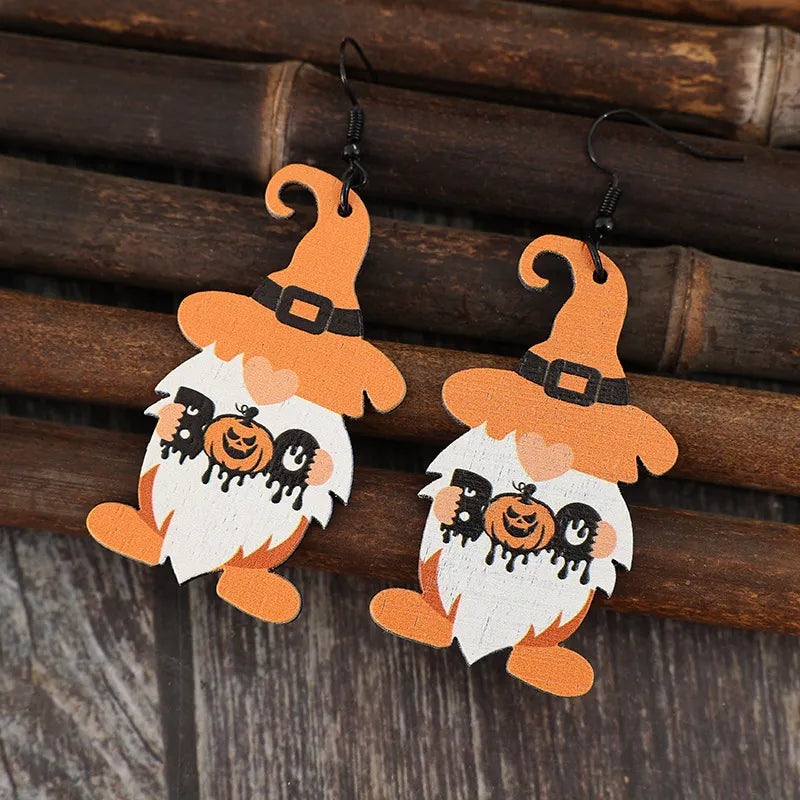 Charming Wooden Dwarfs Pumpkin Dangle Earrings - Unique Alloy & Wood Design